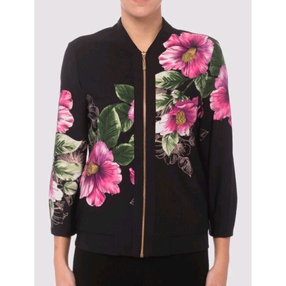 Joseph Ribkoff Jacket Style 181694 Black‎ w/ Vibrant Floral Print Sz 10